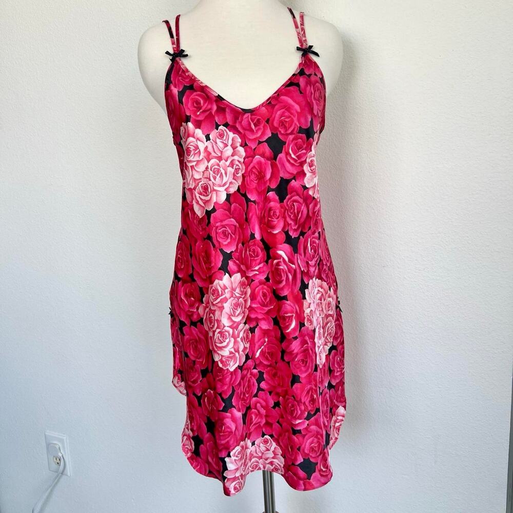 Private Luxuries Satin Slip Dress Pink Rose Floral Chemise Open Strappy Back